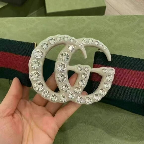 NWOT Authentic Gucci  Elastic Web Crystal Embellished Plexiglass GG Marmont Belt - Picture 2 of 5